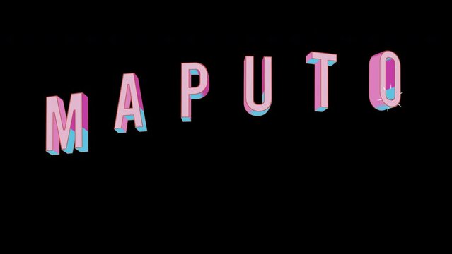 Bright letters jump merrily in the inscription MAPUTO city. Retro. Alpha channel black. Looped from frame 120 to 240, Alpha BW at the end