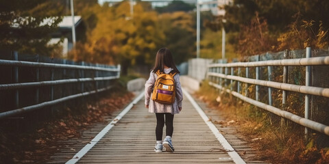 Back to school. Back view of Cute asian child girl with backpack running and going to school.