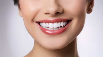 Obraz premium Generative AI, girl with beautiful white healthy teeth smiling, charming snow-white smile, dentistry advertising, oral care, mouth, face, cute woman, space for text, interior background
