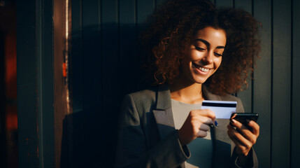 Smiling handsome young woman, holding credit card. - obrazy, fototapety, plakaty