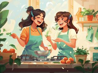 An Illustration of Friends in Aprons, Laughing while Cooking Together