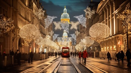 Budapest, Hungary's Central Street is illuminated for Christmas. - Powered by Adobe