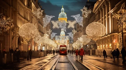 Poster Im Rahmen Budapest, Hungary's Central Street is illuminated for Christmas. © Suleyman