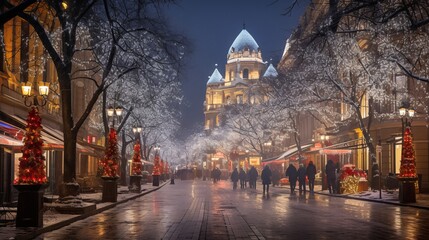Fototapeta premium Budapest, Hungary's Central Street is illuminated for Christmas.