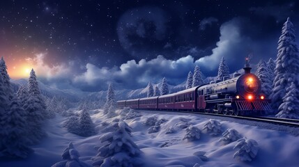 Christmas scene of a train moving through a snow-covered forest in the night. Background of lovely landscape and cloudy sky