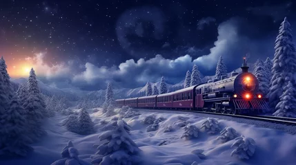Gordijnen Christmas scene of a train moving through a snow-covered forest in the night. Background of lovely landscape and cloudy sky © Suleyman
