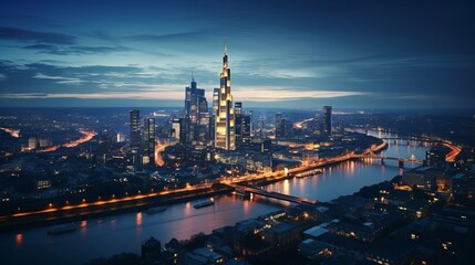 High definition aerial panorama of Frankfurt, Germany, taken just after dusk. - obrazy, fototapety, plakaty