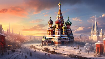 St. Basil's Cathedral in Moscow, Russia, Red Square, and the winter climate - obrazy, fototapety, plakaty