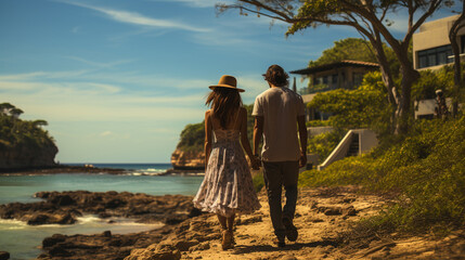 Two People Enjoying a Summer Day by the Ocean and Palm Trees