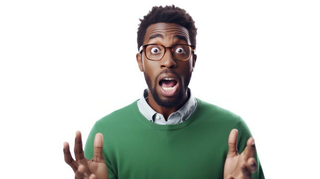 Teacher's Astonishment: Reacting to Students' Outstanding Project, Wearing White Shirt and Green Sweater, Isolated on White Background.