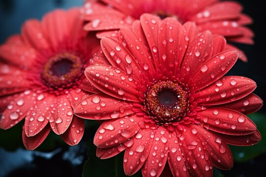 Closeup of blooming red gerbera flowers in scenic spring nature with colorful petals and water drops on leaves. Generative AI