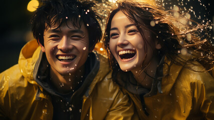 young asian couple with yellow raincoat having fun to play with the rain in the evening.Generative AI.