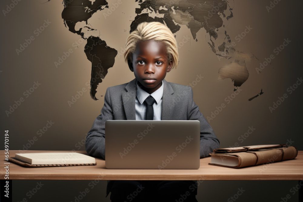 Poster a professional man in a suit is sitting at a desk and using a laptop. this image is perfect for illu