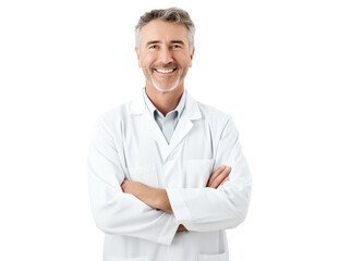 friendly adult dentist doctor Man with crossed arms in medical uniform - medium shot on transparent white background png file for healthcare designs