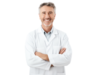 friendly adult dentist doctor Man with crossed arms in medical uniform - medium shot on transparent white background png file for healthcare designs