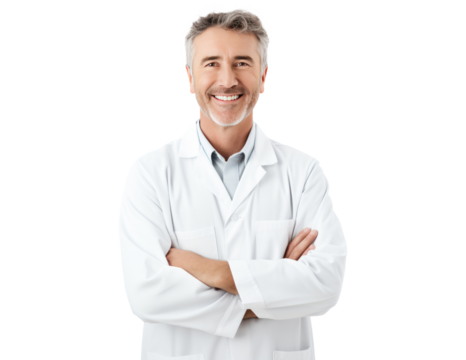 friendly adult dentist doctor Man with crossed arms in medical uniform - medium shot on transparent white background png file for healthcare designs