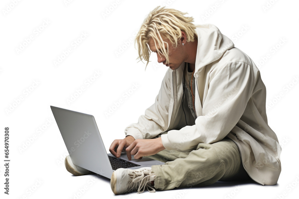 Poster A man sitting on the ground using a laptop. Suitable for technology and remote work concepts.