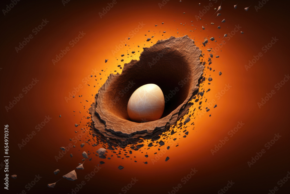 Poster An image of an egg placed in a hole with rocks surrounding it. This versatile image can be used to depict concepts such as vulnerability, protection, or a unique perspective.