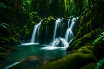 Obraz premium a hidden waterfall cascading down moss-covered rocks in the heart of a tropical jungle - AI Generative