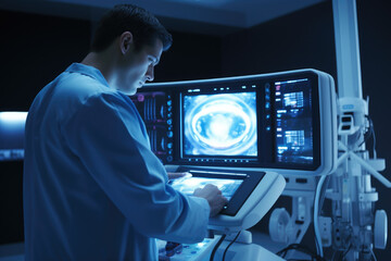 A man wearing a lab coat is focused on a computer screen. This image can be used to depict a scientist or researcher analyzing data or conducting experiments.
