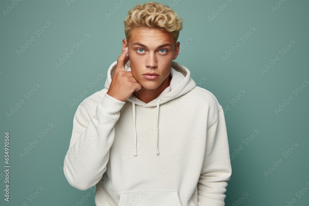 Aufkleber A man in a white hoodie poses for a picture. This versatile image can be used for various concepts and themes.