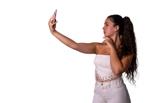 "Young Caucasian woman taking a selfie in PNG format."