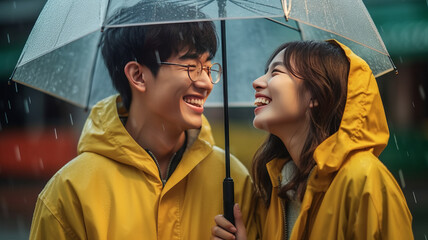 young asian couple with yellow raincoat having fun to play with the rain in the evening.