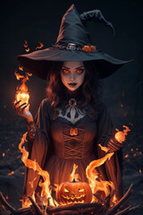 Fototapeta premium Halloween Witch Animation: Fiery Enchantment