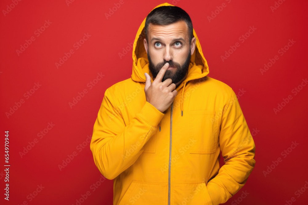 Poster a man wearing a yellow hoodie is captured making a funny or silly expression. this image can be used
