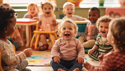 A baby is sitting in a high chair at a daycare center, surrounded by other babies and...