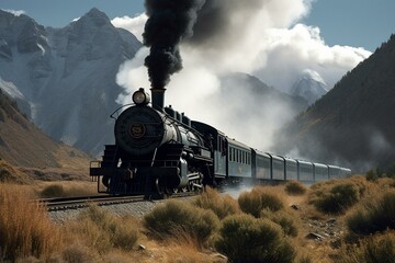 Steam locomotive amidst scenic mountains. Generative AI - obrazy, fototapety, plakaty