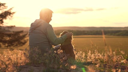 Loving man strokes cocker spaniel dog sitting in field grass at back sunset