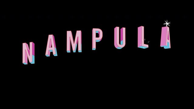 Bright letters jump merrily in the inscription NAMPULA city. Retro. Alpha channel black. Looped from frame 120 to 240, Alpha BW at the end