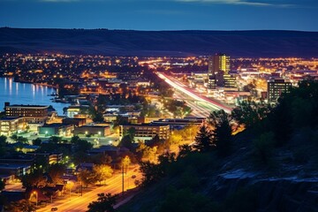 Nighttime cityscape with flowing lights in Billings, Montana. Generative AI - obrazy, fototapety, plakaty