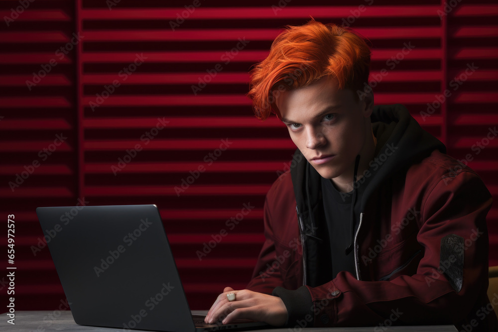 Poster A man sitting at a table and using a laptop computer. Suitable for technology and work-related concepts.