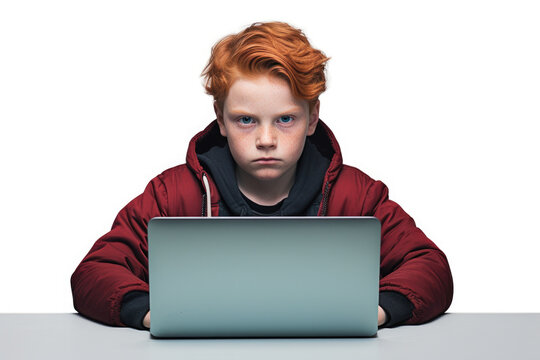 A young boy sitting at a table with a laptop. This image can be used to represent technology, education, or productivity in a modern setting.