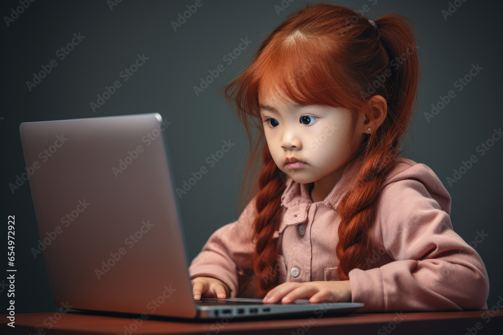 Poster A little girl sitting in front of a laptop computer. This image can be used to depict a child using technology or to illustrate education and learning.