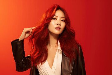 Fototapeta premium A woman with striking red hair wearing a stylish leather jacket. This versatile image can be used to depict a confident and fashionable individual in various contexts.