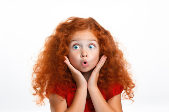 A little girl with red hair making a surprised face. This picture can be used to depict surprise, curiosity, or innocence in various contexts.