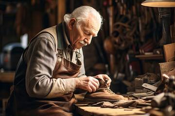 Elderly Shoemaker Crafting or Repairing Shoes in Workshop