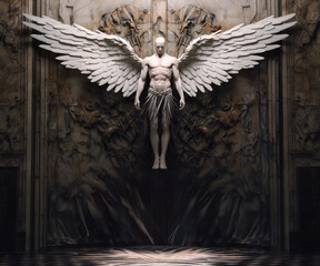Sculpture / statue of a man angel with wings on an ornate wall lit from above