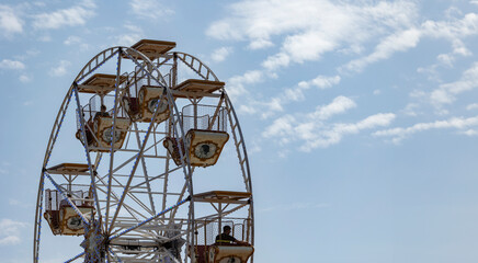 Lytham st annes Lancashire uk 9th September 2023 Ferris wheel against a blue sky at a carnival