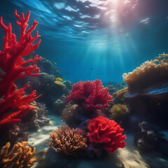 Fototapeta na wymiar Underwater view of a coral reef. Generative AI.