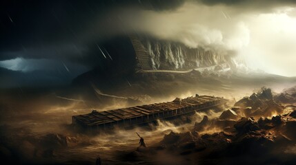 Noah's ark in the storm and flood on the mountain biblical scenery
