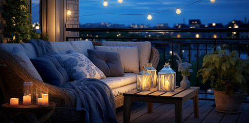 View over cozy outdoor terrace with outdoor string lights. Autumn evening on the roof terrace of a beautiful house with lanterns and city in the background. - obrazy, fototapety, plakaty