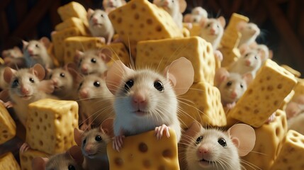 Fototapeta premium Mice taken a selfie with dozens of cheese in the basement
