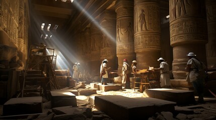 Archeologists examine egyptian temple hall hieroglyphs and pillars