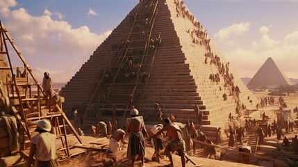 Slaves building the egyptian pyramids in ancient times - obrazy, fototapety, plakaty