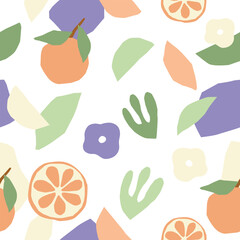 Dynamic seamless pattern with botanical elements and tangerine. Vector wallpaper perfect for textiles, natural product packaning or surface design