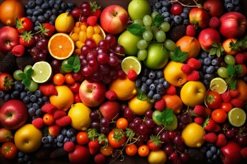 Naklejka na ściany i meble Background of colorful fresh fruits and berries. Promoting healthy food. Seen from above. Generative AI